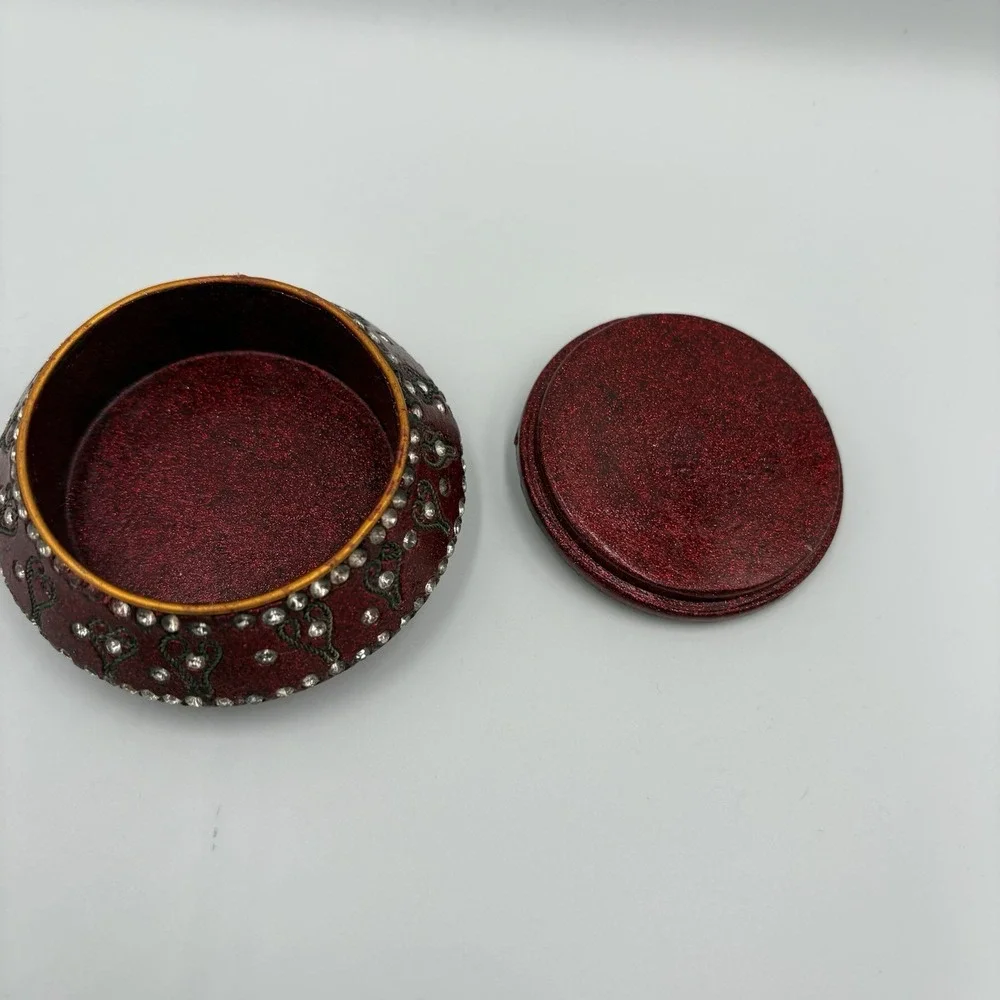 Burgundy Enamel Trinket Ring Box Metallic Fleck Finish Rhinestones Inlaid Hearts